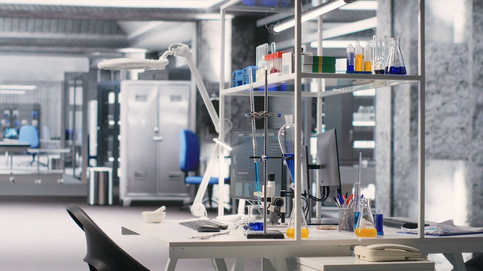 A laboratory bench laid out with glassware and instruments