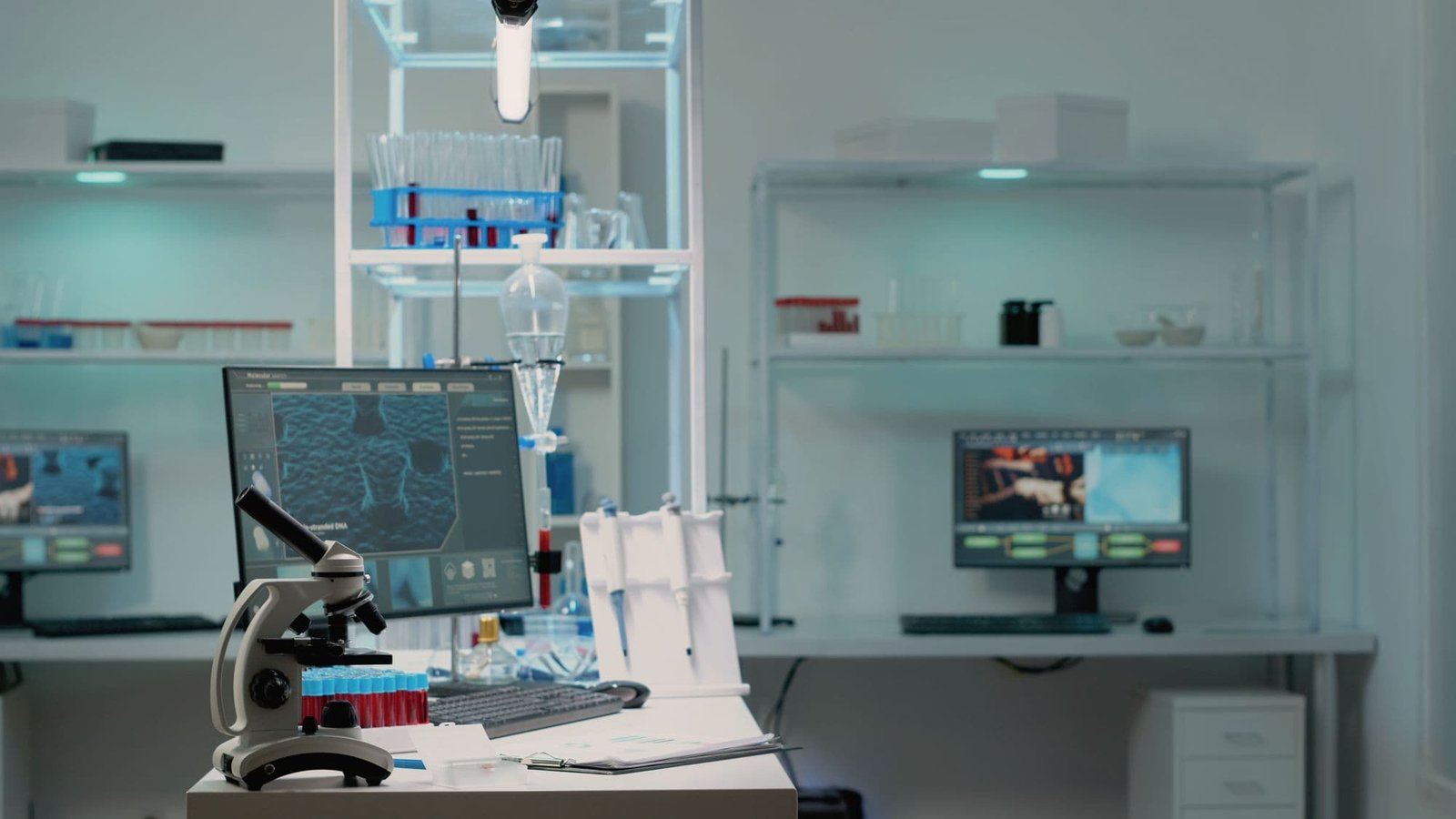 A laboratory bench with a microscope and analytical instruments, unoccupied