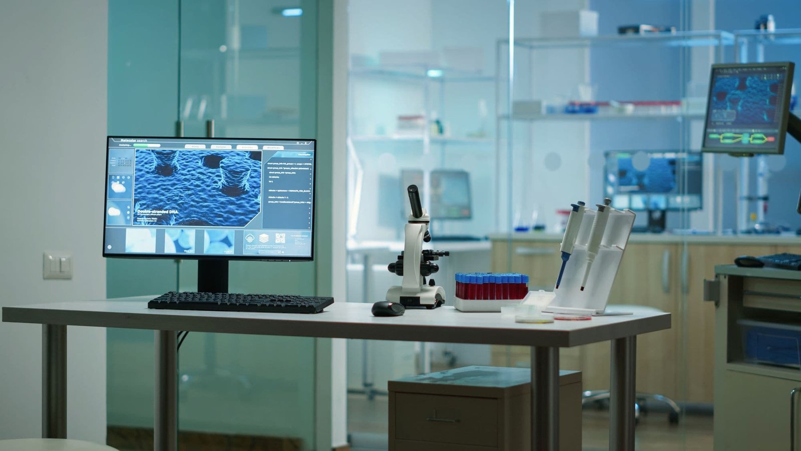 A modern laboratory with microscopes, glassware and analysis workstations